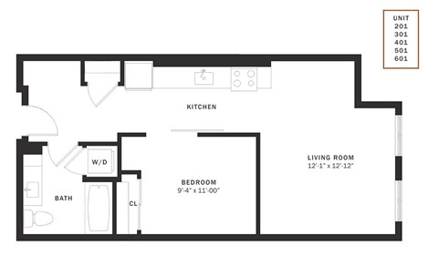 Floor plan for 1 bed, 1 bath, 616 sqft